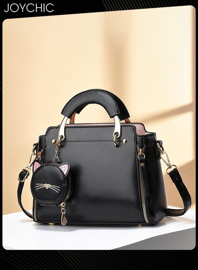 Korean Style Fashionable and Sweet Women Handbag Casual Personality Cat Design Large Capacity Commuting Shoulder Crossbody Bag PU Fabric Waterproof with Coin Purse Black