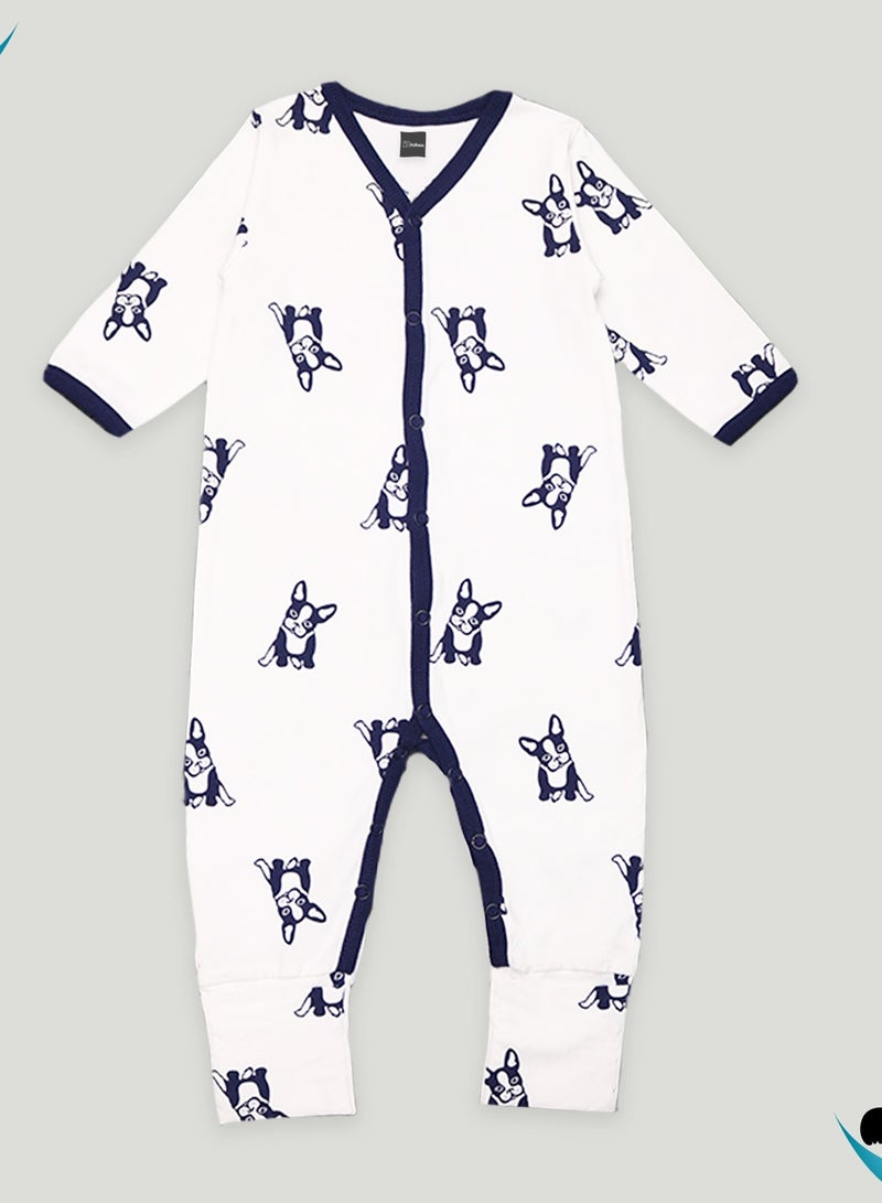 Kidbea Organic Cotton fabric full sleeves & full Buttons Romper | dog | Blue