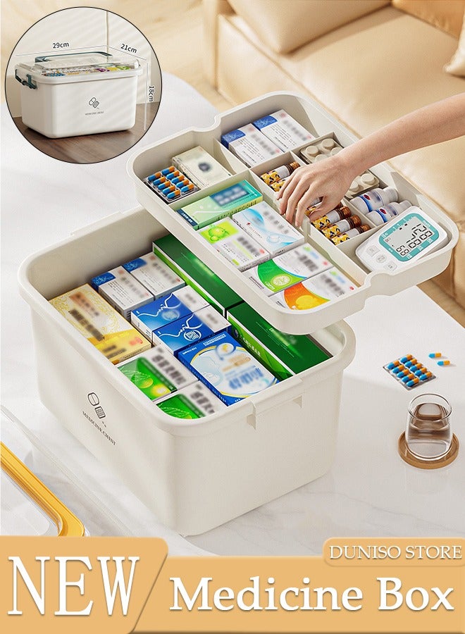 Medicine Box Plastic Medicine Storage Box Family Emergency Kit Medical Kit 2 Layers Home First Aid Box Child Proof Medicine Box Organizer Pill Case with Compartments and Handle