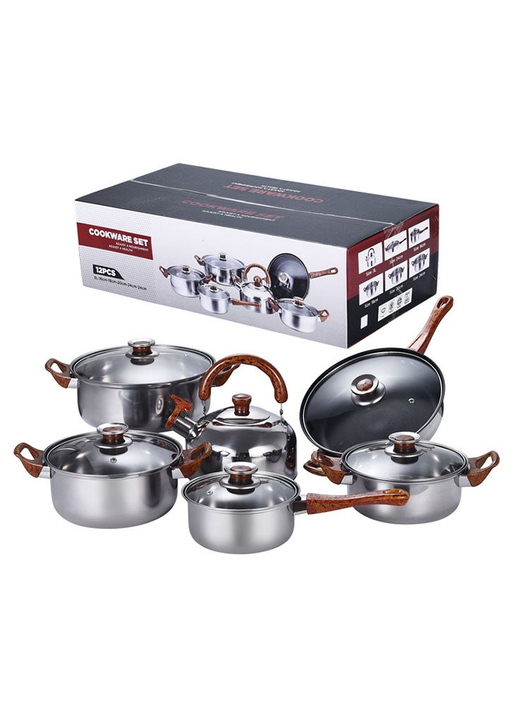 12-Piece Stainless Steel Cookware Set with Handle, Saucepan, Stockpots, and Frying Pans for Versatile Cooking, Elevate Your Culinary Mastery