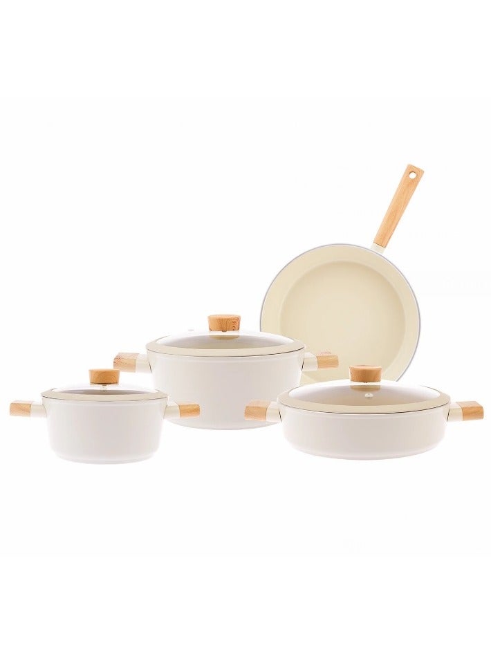 7-Pieces Swiss Crystal High Quality Ceramic Coating Non-Stick Cookware Set - Glass Lids With Protective Silicon Edge - Natural Wood Handles and Knobs - 2 Deep & 1 Low Casseroles - 1 Frypan - Beige