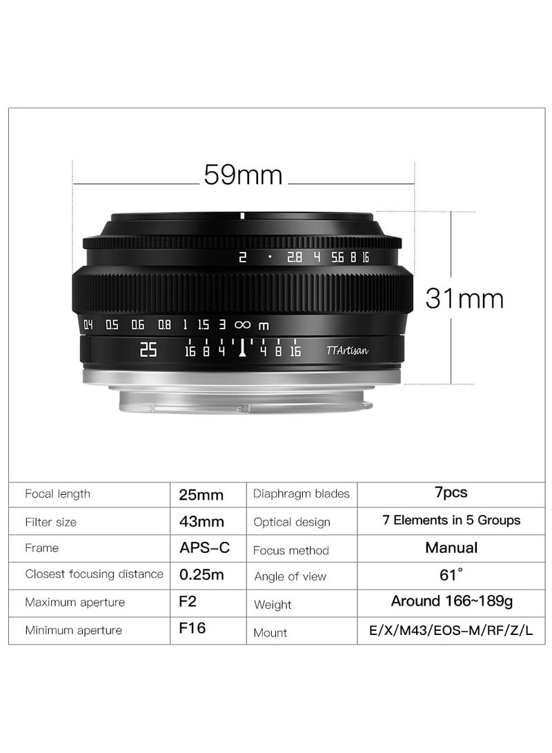 25mm F2 Wide-Angle APS-C Camera Lens, Large Aperture Manual Camera Lens Fixed Focus Compatible with Fuji X-Mount Cameras X-A2 X-A2 X-A3 X-A5 X-A7 X-H1 XT1 X-T2 X-T3 X-T20 X-T30 X-T100 X-T200 X-PRO1