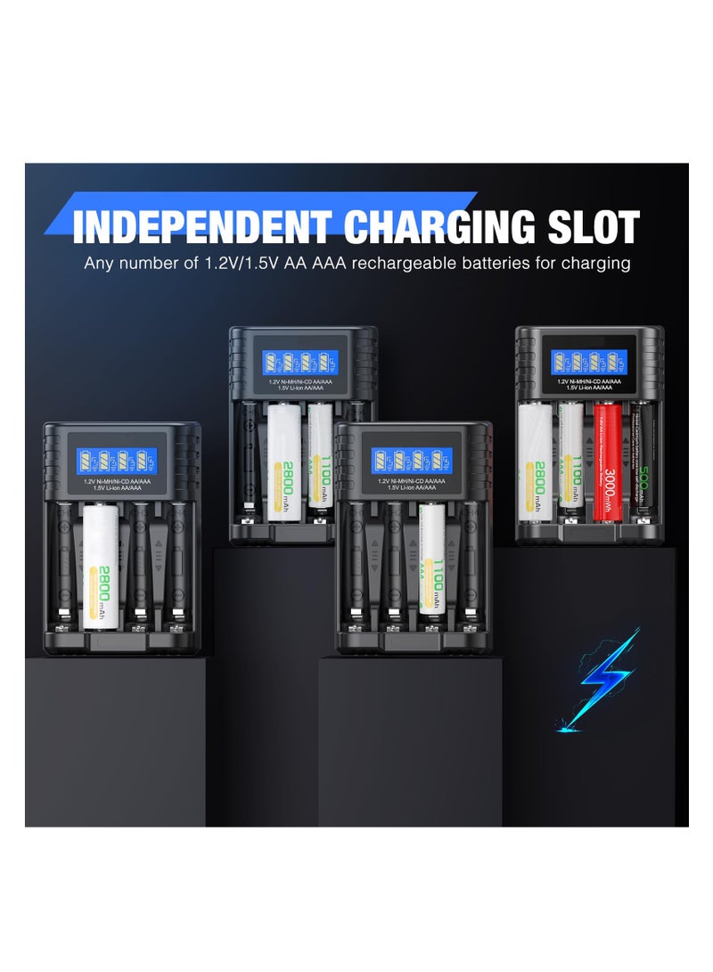 Universal 1.5V Battery Charger, 4 Bay LCD Smart Independent Charger, for 1.5V Lithium Ion Rechargeable Batteries AA AAA and 1.2V Ni-MH/Ni-CD AA AAA Rechargeable Batteries, Large LCD Screen