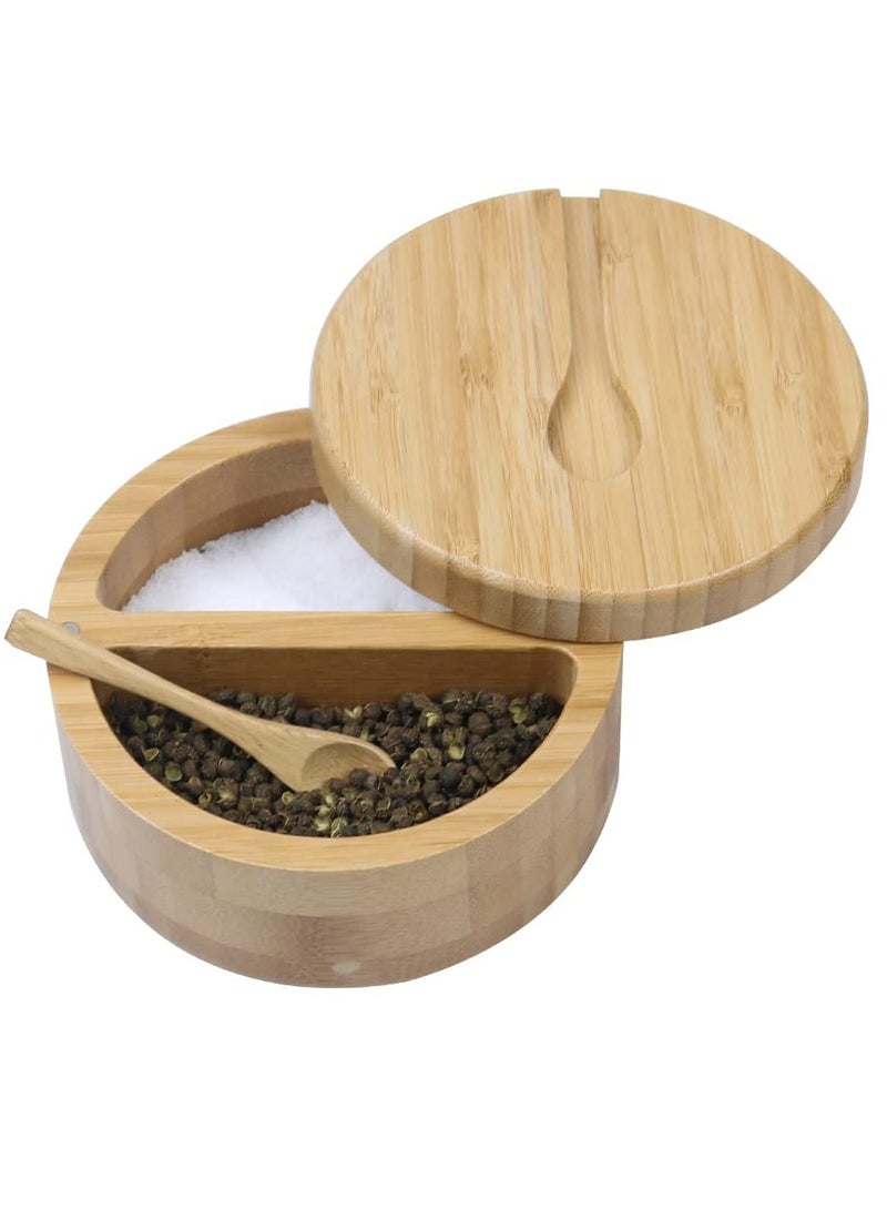 Bamboo Salt and Pepper Bowl Box Cellar Container, Built-in Serving Spoon to Avoid Dust, Swivel Lid with Magnetic Lid to Keep Dry, Mini Spoon Built into Top, Bath Sea Salt Spice Seasoning Holder
