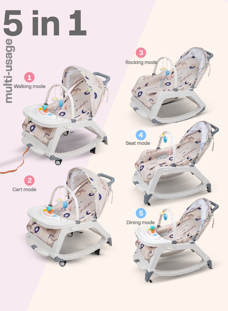 Baybee 5 in 1 Baby Rocking Chair for Kids with Hanging Toys Baby Dining Booster Seat with Multi Position Recline, Music, Wheels & Food Tray Rocker Chair for Babies 0 to 2 Years Boys Girls (Grey)