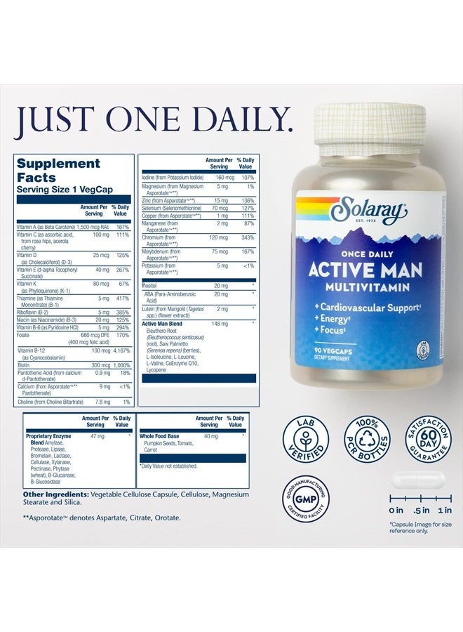 Once Daily Active Man Multivitamin & Mineral, Multivitamin for Cardiovascular, Support, Energy & Focus, Digestive Enzyme Blend, Amino Acids and Whole Food Base, 90 Servings, 90 VegCaps