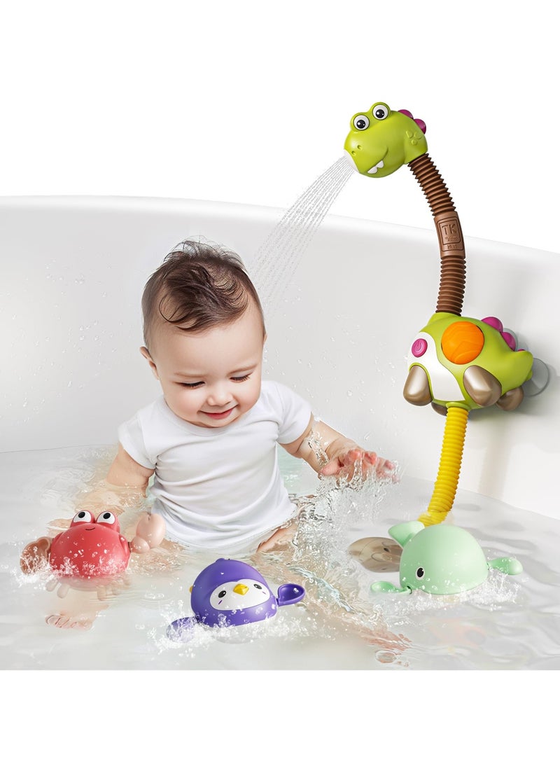 Baby Bath Toy with Shower Head and 3 Wind Up Toys, Dinosaur Water Spray Squirt Shower Faucet and Bathtub Water Pump, Summer Essentials for Toddlers, Infants, and Kids