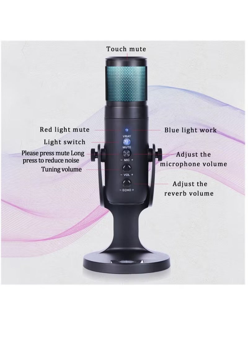 RGB USB Microphone Professional Condenser For PC Computer Laptop Phone Recording Singing Gaming Streaming