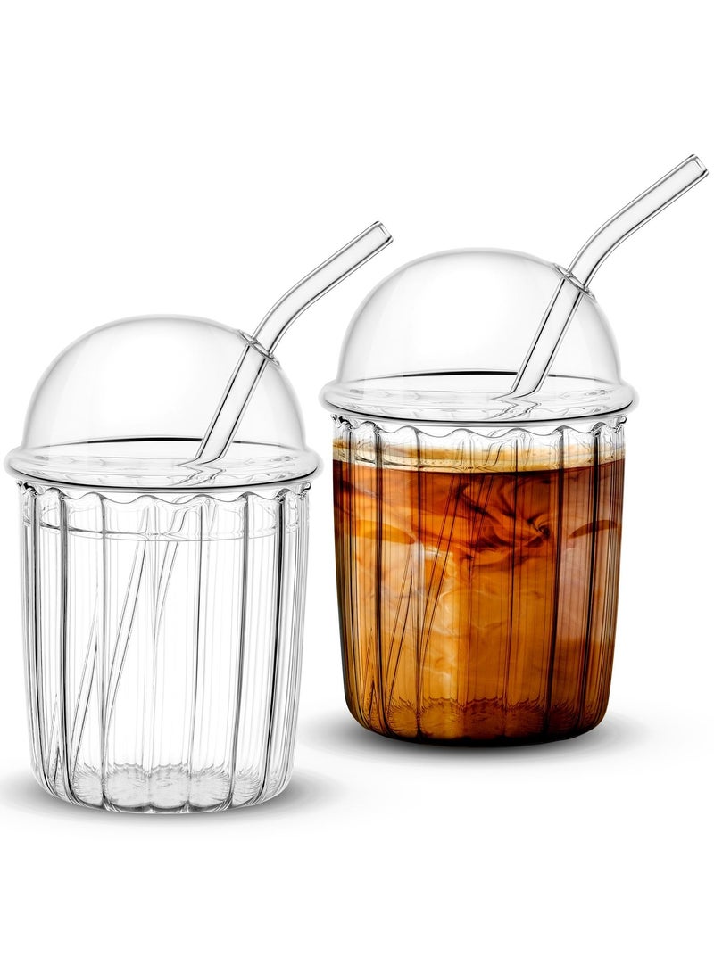 Glass Tumbler Set with Dome Lid and Straw, Reusable Smoothie Coffee Drinking Glass Cup, Ideal for Home and Office Use