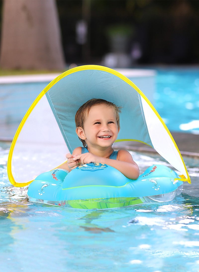 Little Sunshine Improved Size Inflatable Baby Swim Float with Sun Canopy | Infant Pool Floaties - Swimming Pool Toy for Ages 3-72 Months (Blue L)