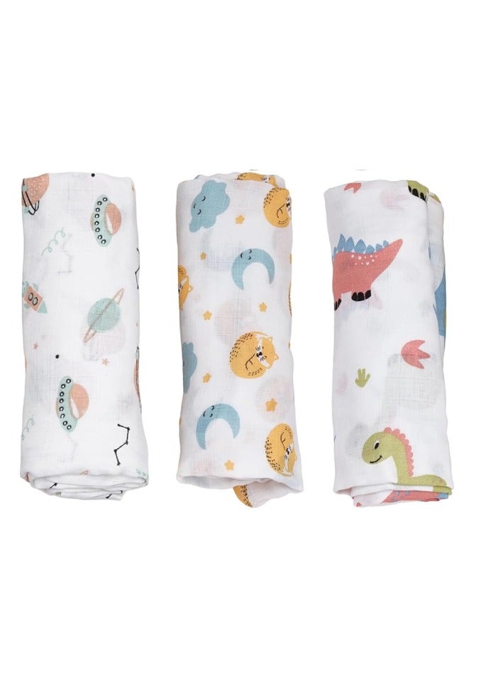 100% Cotton Muslin Baby Swaddle Wrap for New Born, Size 100 cm by 100 cm - Pack of 3