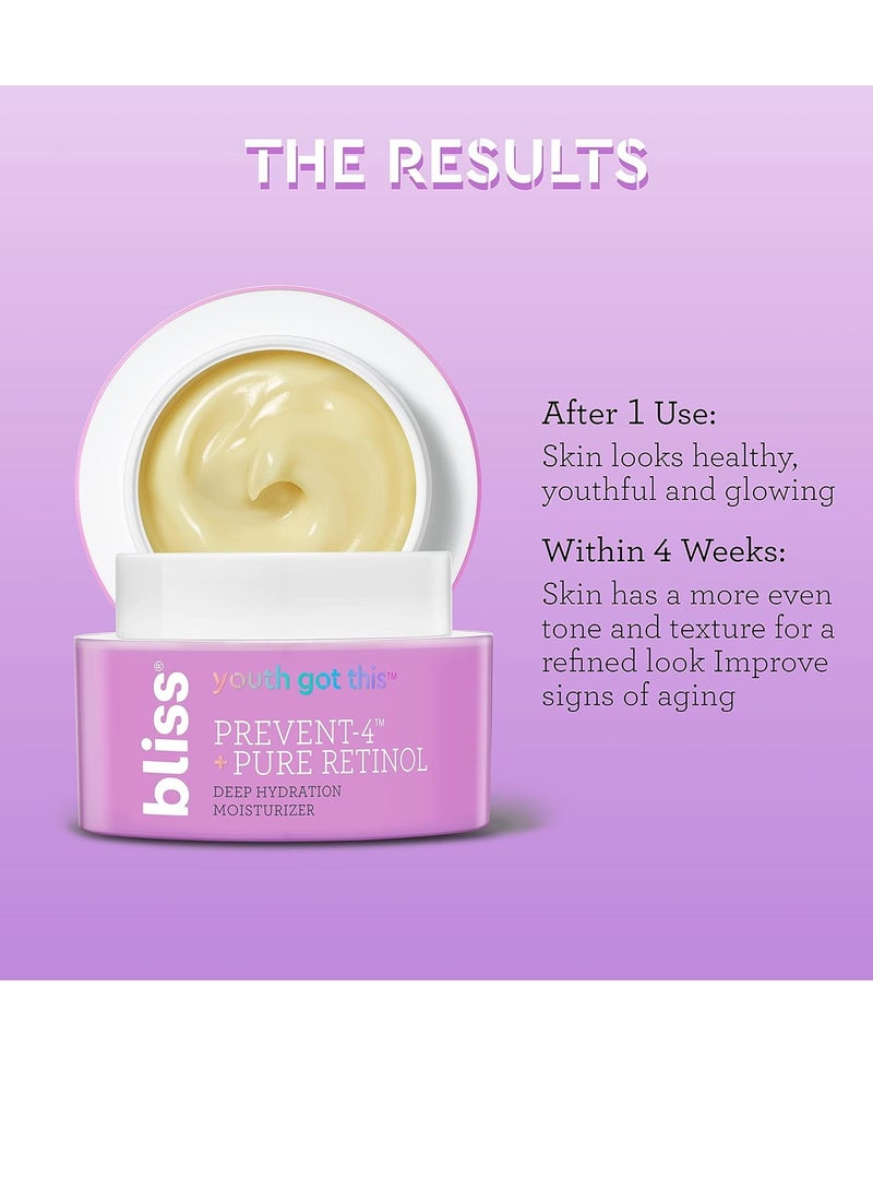 bliss Youth Got This and Pure Retinol Deep Hydration Moisturiser Visibly Diminishes Fine Lines Clean Fragrance-Free Cruelty-Free Paraben Free Vegan 50 ml