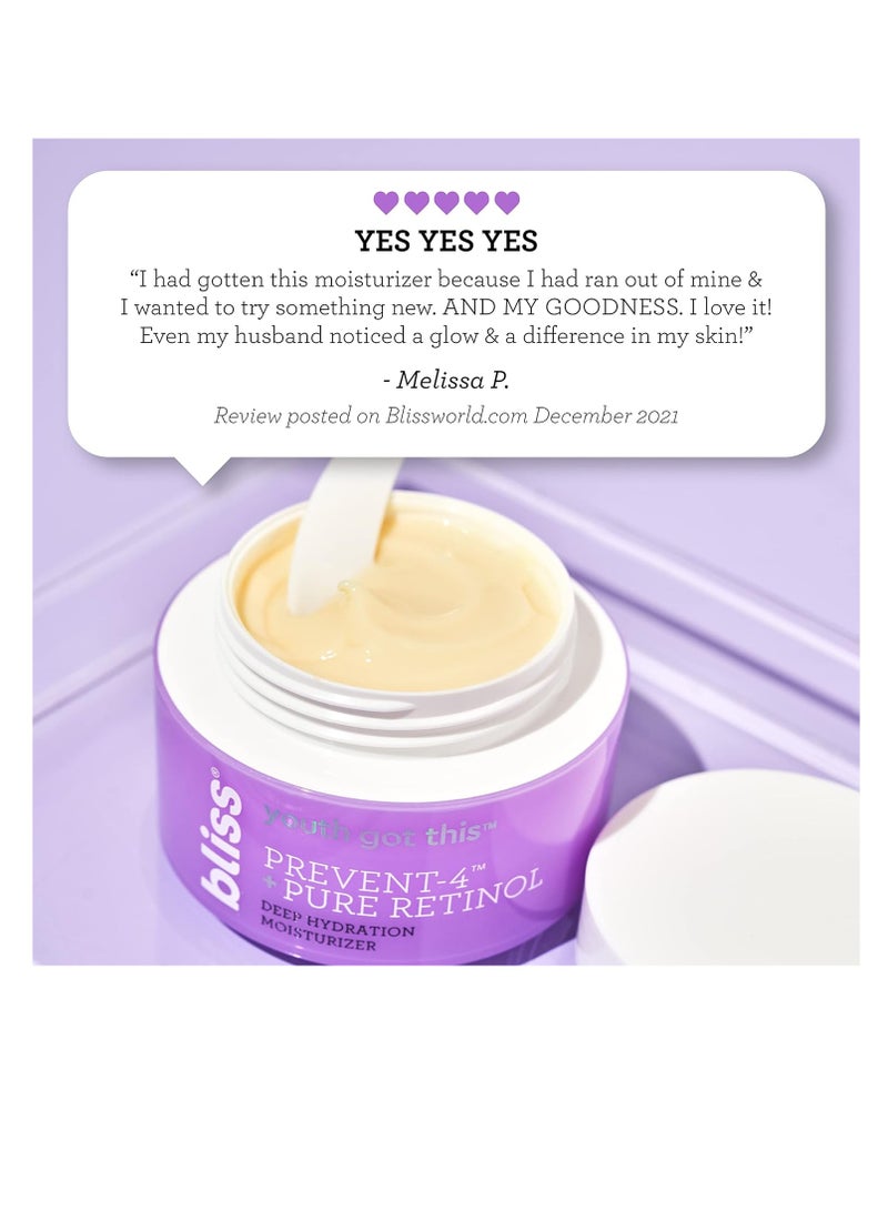 bliss Youth Got This and Pure Retinol Deep Hydration Moisturiser Visibly Diminishes Fine Lines Clean Fragrance-Free Cruelty-Free Paraben Free Vegan 50 ml