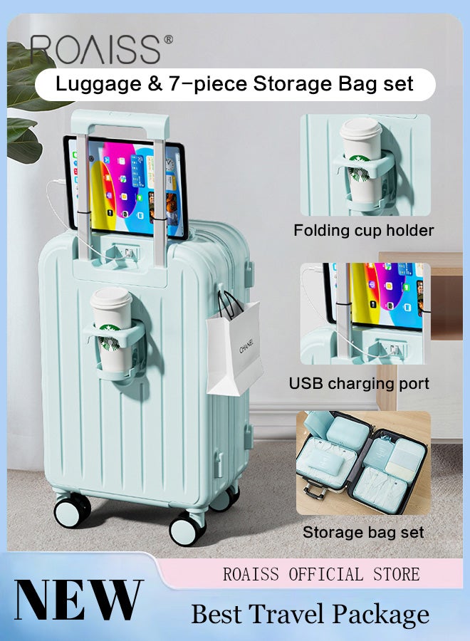 Trolley Case and 7Pcs Storage Bags Set with Universal Wheel Unisex Large Capacity Multifunctional Luggage with Telescopic Handle and Cup Holder for Men and Women Suitcases with Classification Bags