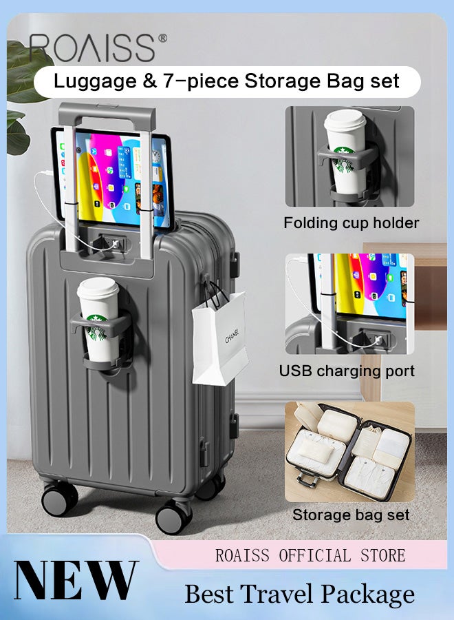 Trolley Case and 7Pcs Storage Bags Set with Universal Wheel Unisex Large Capacity Multifunctional Luggage with Telescopic Handle and Cup Holder for Men and Women Suitcases with Classification Bags