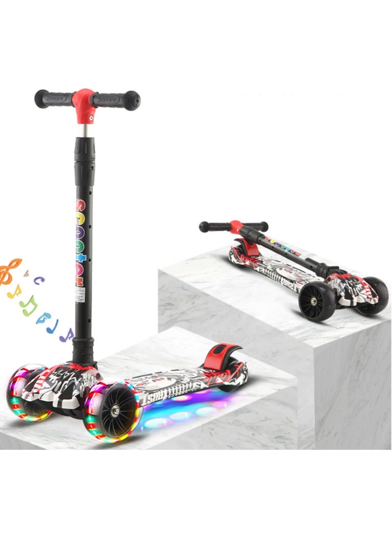 Foldable 3-Wheel Scooter Adjustable Height Suitable with Flash Wheel Light Music for Kids Aged 3-12 Years Old White Graffiti