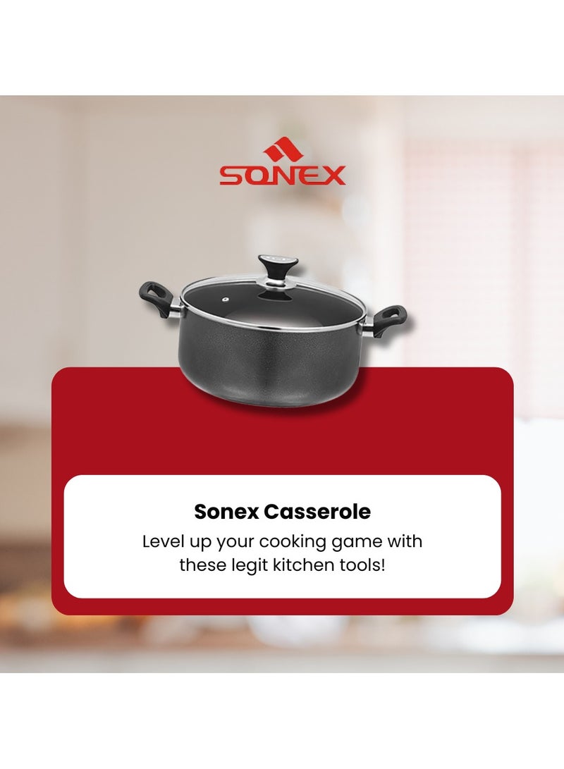 Sonex Casserole Premium Cookware, Even Heating, Tempered Glass Lid, High Quality Aluminum, Non-Stick Coating , Bakelite Heat Resistant Handle, Durable Construction, Easy to Clean, Grey 28Cm.
