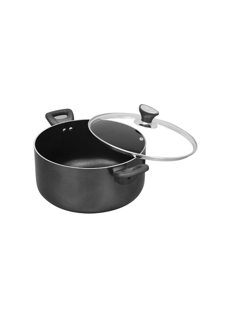 Sonex Casserole Premium Cookware, Even Heating, Tempered Glass Lid, High Quality Aluminum, Non-Stick Coating , Bakelite Heat Resistant Handle, Durable Construction, Easy to Clean, Grey 28Cm.