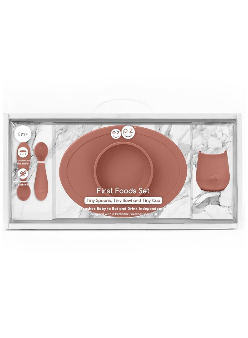 First Food Set - 100% Silicone Baby Feeding Set With Built-In Placemat, Training Cup And Spoons For First Foods + Baby Led Weaning - 4 Months+ - Sienna