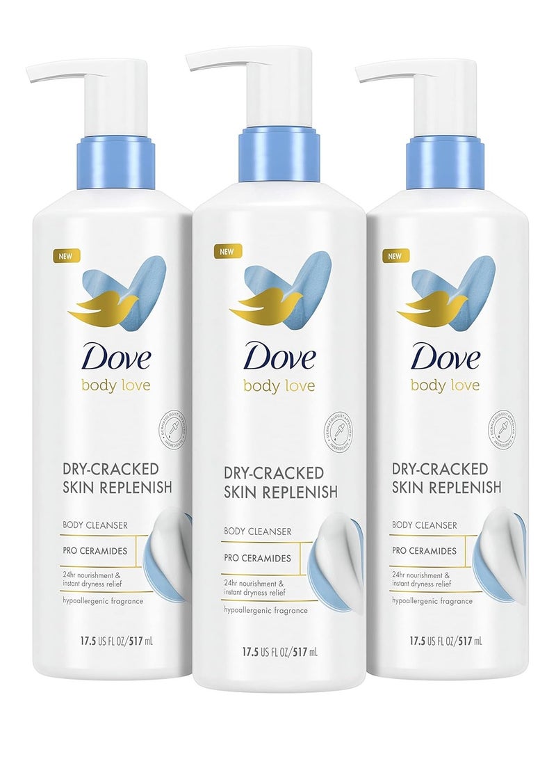 Dove Body Love Body Cleanser Body Wash 3 Count Dry-Cracked Skin Replenish Hypoallergenic for 24 Hour Nourishment & Instant Dryness Relief with Pro Ceramides 17.5 FO