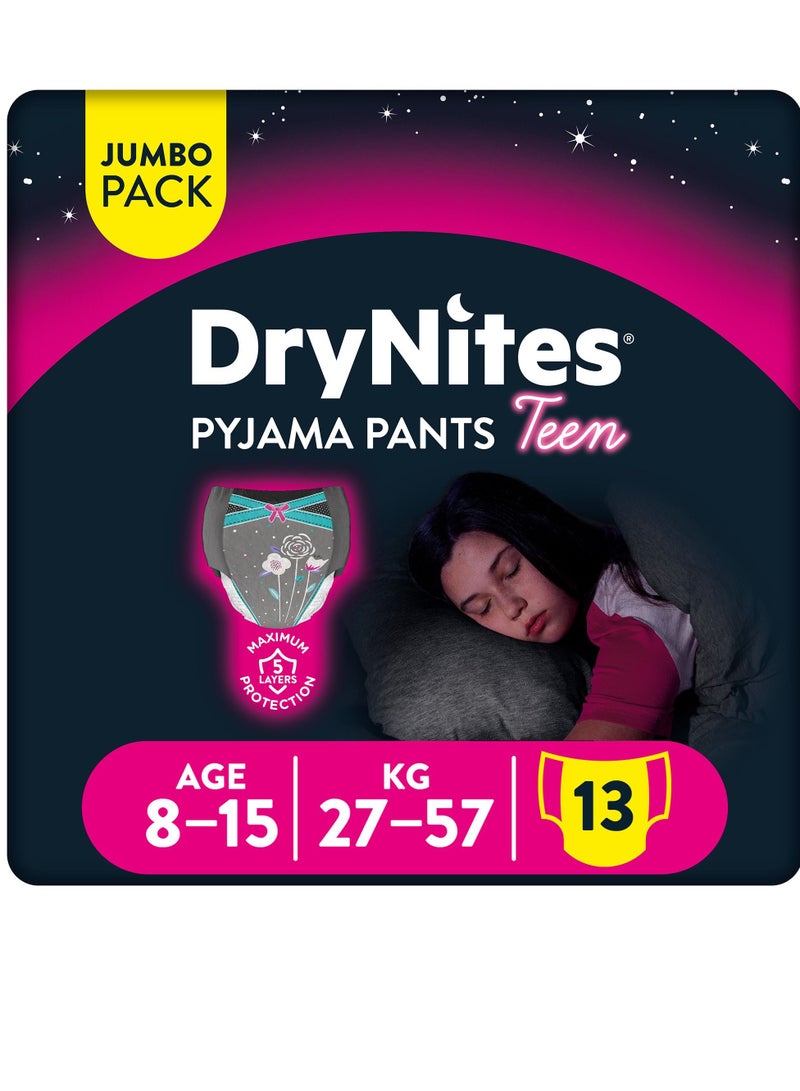 Huggies DryNites Pyjama Pants, 8-15 years, Bed Wetting Diaper, Girls, 27-57 kg, Value Pack, 13 Pants