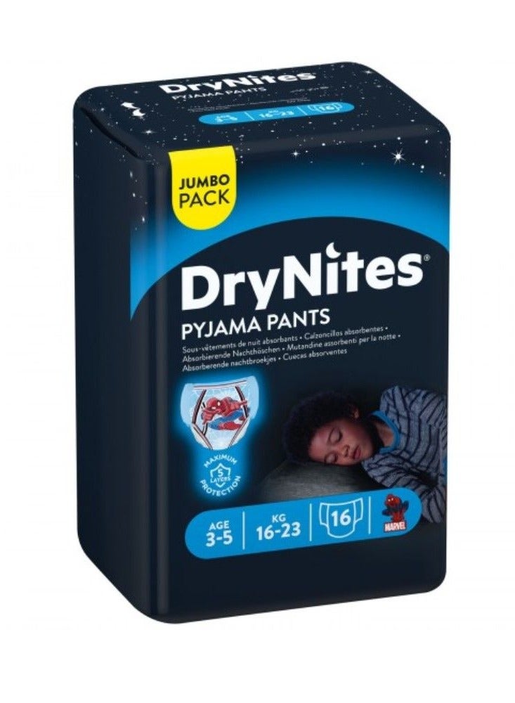 Huggies Dry Nites Pyjama Pants for Boys, 16 - 23 Kg, 3 - 5 Years, 16 Count - Jumbo Pack, Maximum 5 Layer Protection, Marvel