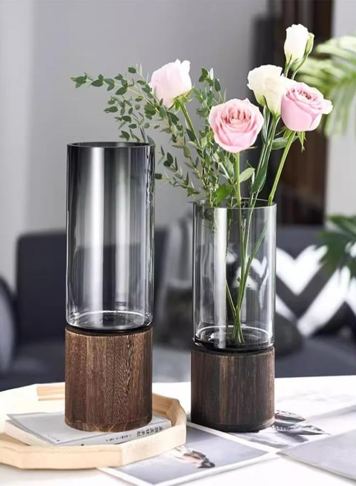 Oasisgalore Glass Flower Vase Rustic Cylinder Vase with Wooden Base Clear Vase for Home Decor Wedding Office Large
