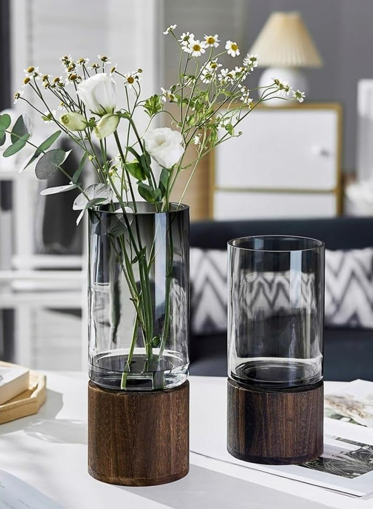 Oasisgalore Glass Flower Vase Rustic Cylinder Vase with Wooden Base Clear Vase for Home Decor Wedding Office Large