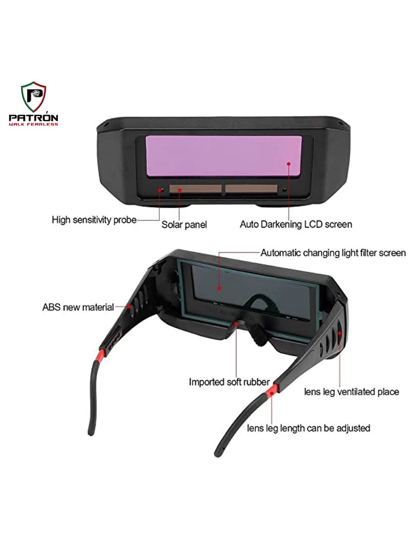 Patron Auto Darkening Welding Goggles, Safety Protective Solar Powered with Adjustable Shade, Sensors Welder Glasses for TIG MIG MMA Plasma, Welder Face Mask with Eye Shield