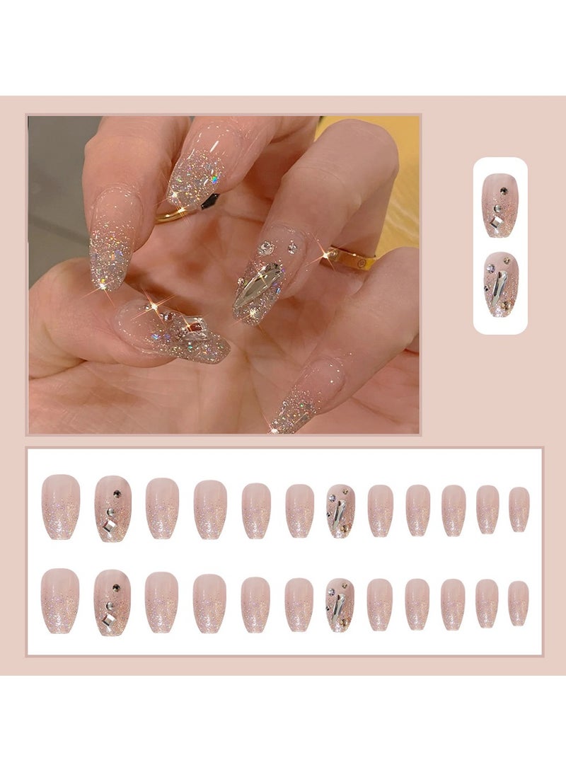 24 Pieces Diamond Sparkles Mid-Length Wearable Nails with Glue
