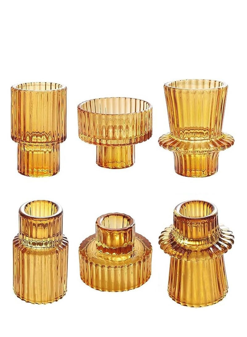 Taper Amber Glass Candle Holder 6Pcs for Pillar Candles, Tealight Candles Holders, Candlestick Holders for Wedding, Festival, Dinning , Party
