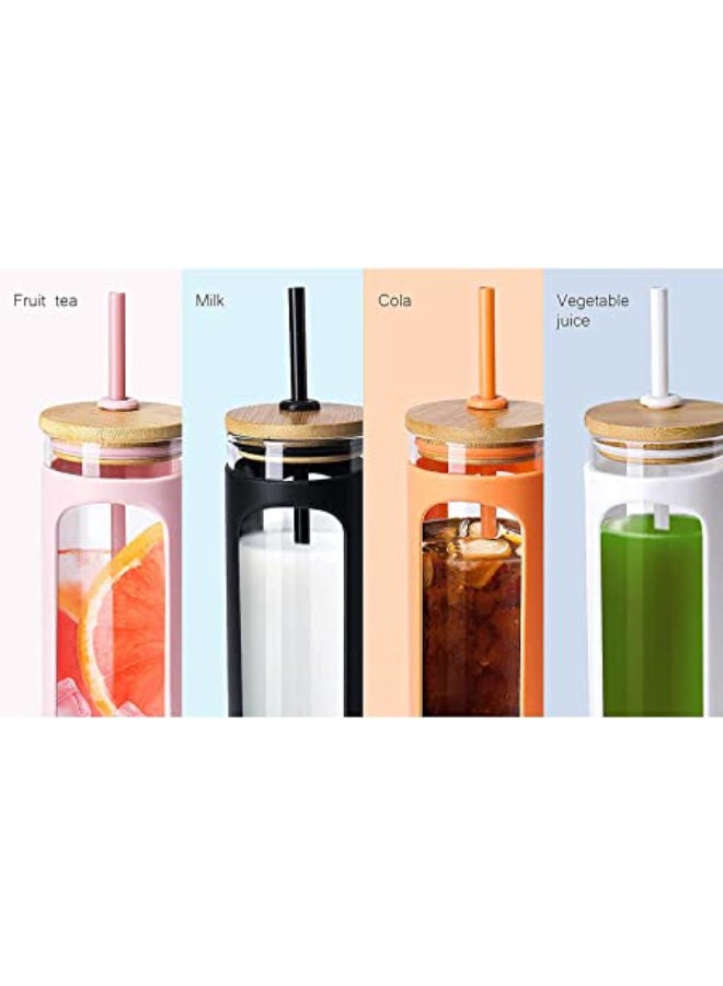 20oz Glass Water Tumble with Straw and Lid Bamboo Lids Water Bottle Iced Coffee Cup Reusable Wide Mouth Smoothie Cups Straw Silicone Protective Sleeve