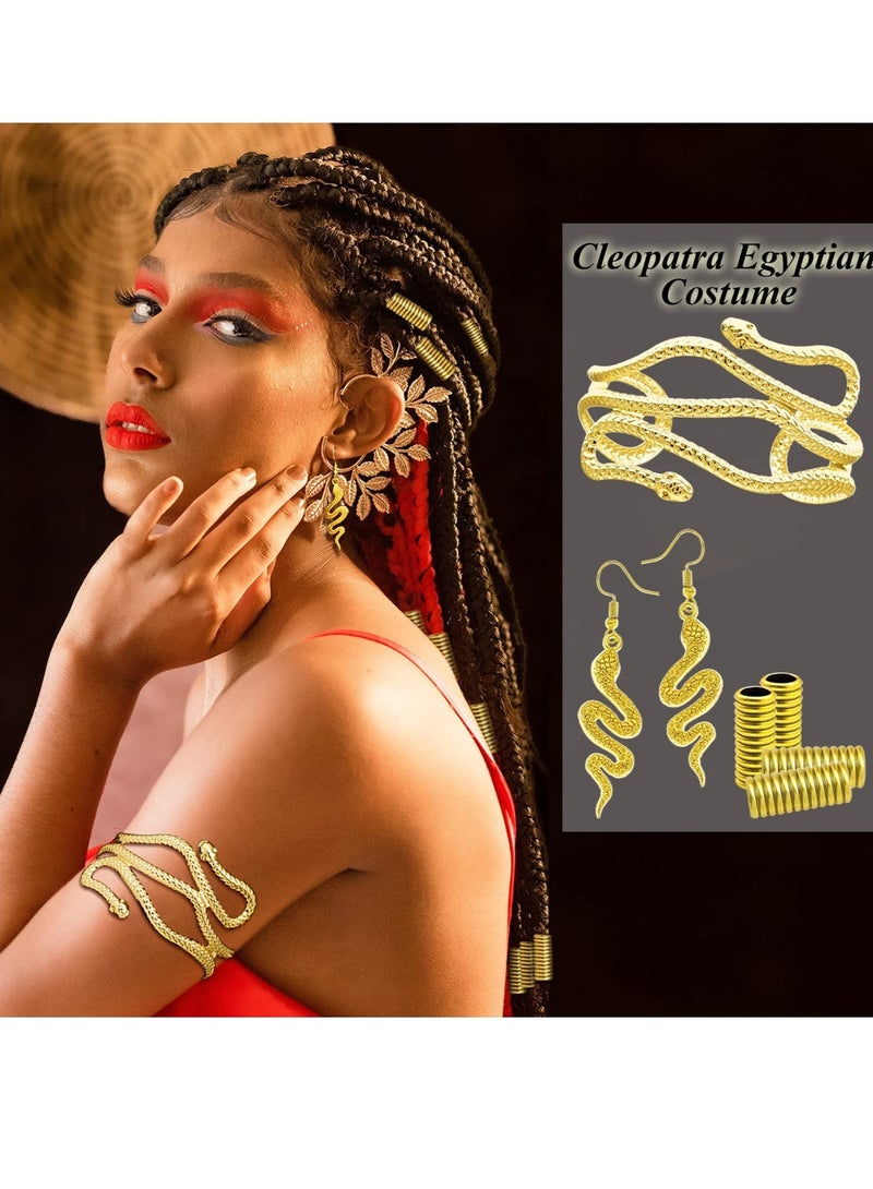 Egyptian Costume Accessories, Egyptian Headpiece, 25 Pieces Egyptian Cleopatra Costume Accessories, Snake Headpiece Golden Arm Cuff Earrings Jewelry Set, for Women Girls Cosplay