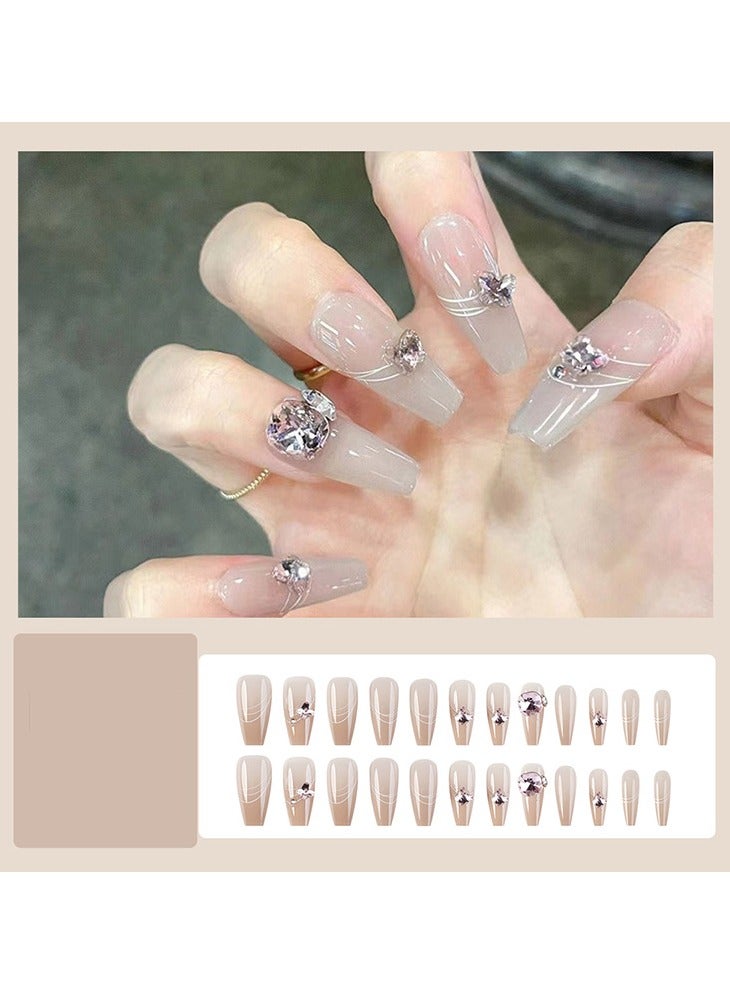 24 Pieces Clear with Rhinestones Medium Length Wearable Nails with Glue