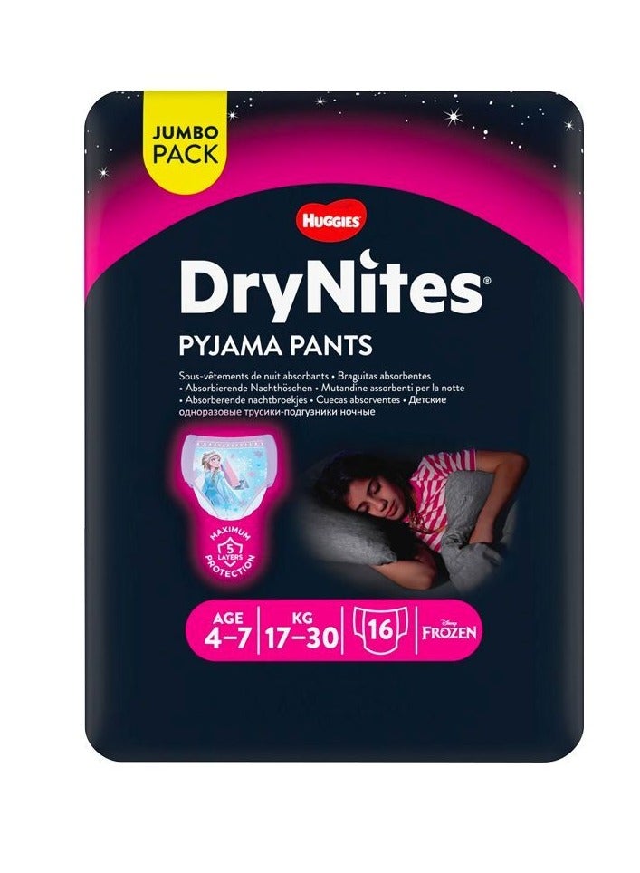 Huggies DryNites Pyjama Pants, 4-7 years, Bed Wetting Diaper, Girls, 17-30 kg, Value Pack, 16 Pants