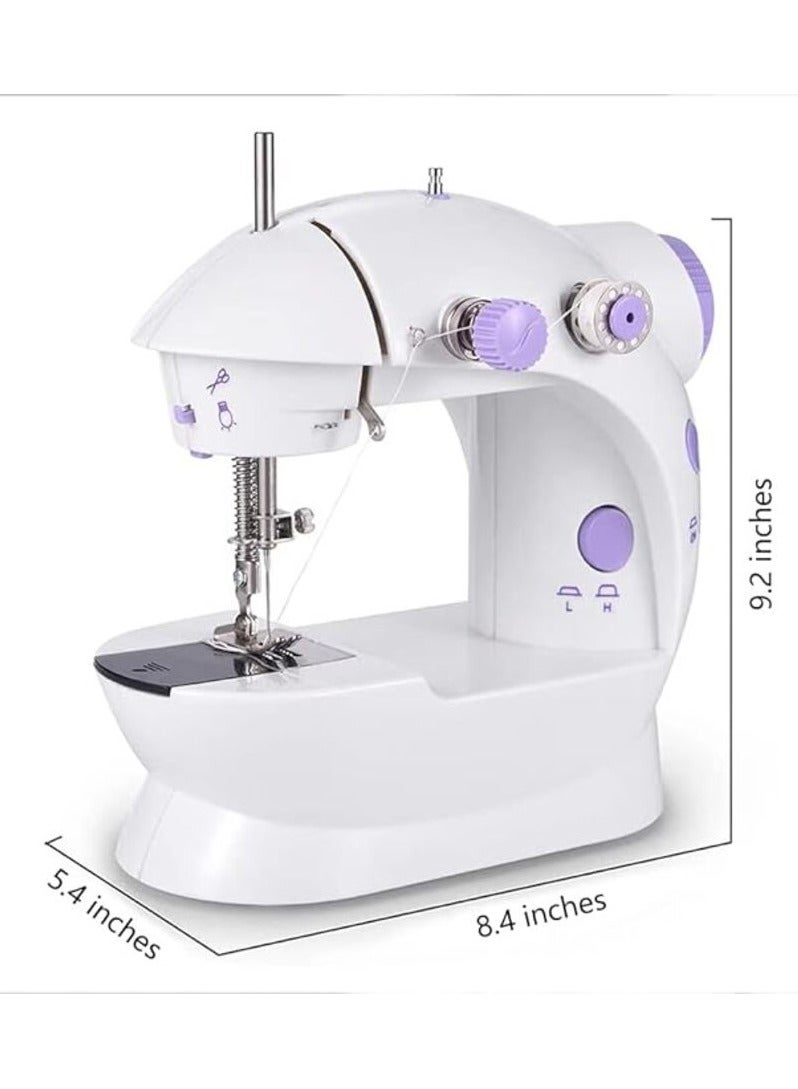 Portable Household Mini Sewing Machine for Beginners, Double Threads and Two Speed Stitching Machines with Foot Pedal for Home Tailoring, White/Purple