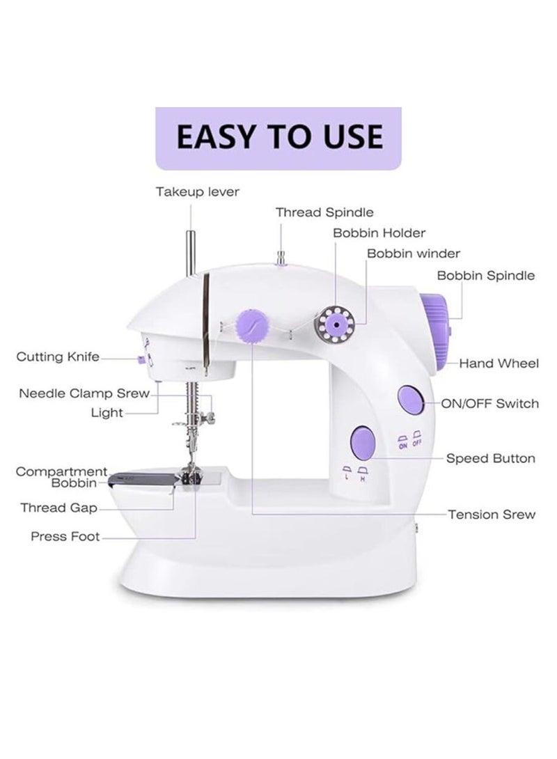 Portable Household Mini Sewing Machine for Beginners, Double Threads and Two Speed Stitching Machines with Foot Pedal for Home Tailoring, White/Purple