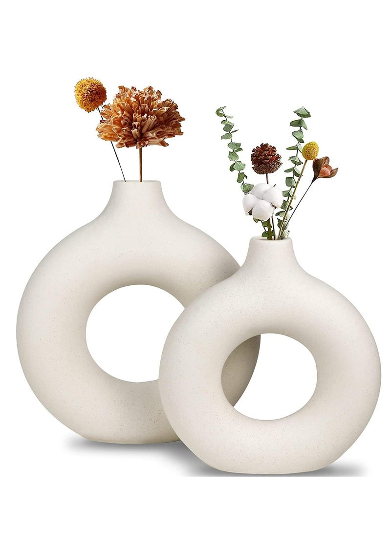 2 Piece White Ceramic Vase Set for Modern Home Decor Round Matte Pampas Flower Vases Minimalist Nordic Boho Ins Style