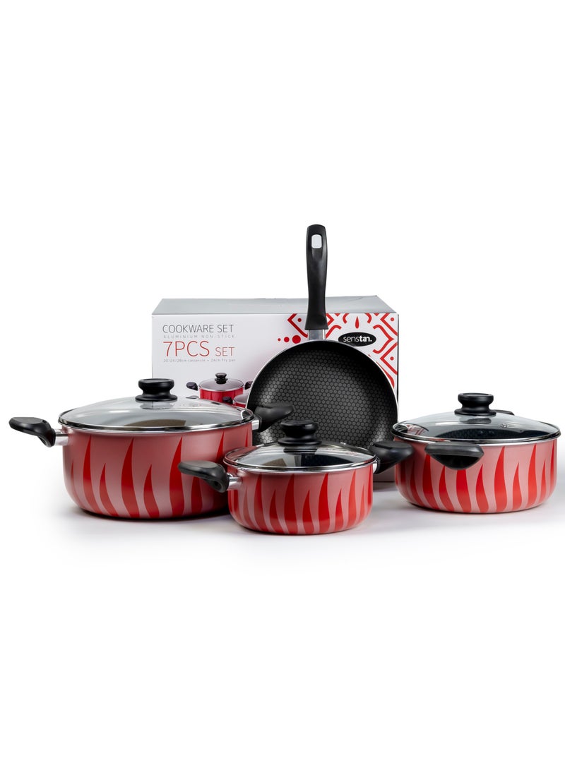Red & Black Flame Design Nonstick Cookware Sets, 7 Pcs Pots and Pans Set Kitchen Cooking Set, Compatible with All Stovetops