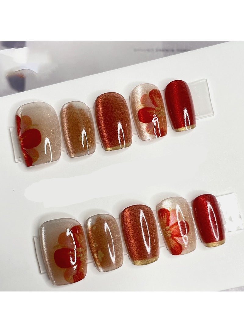 Red Camellia Cat's Eye Removable Fake Nails Short, Wearable Fake Nails for Woman 10 Pieces With Glue