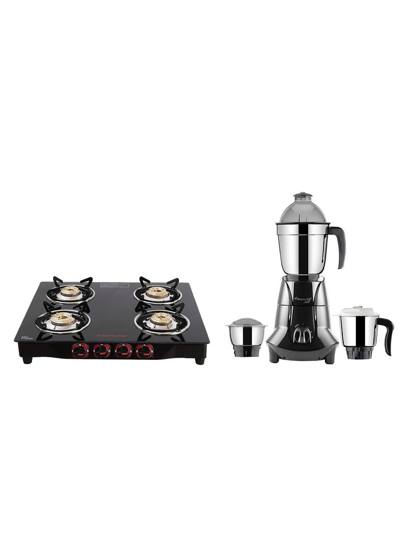 Butterfly Smart Glass 4 Burner Gas Stove, Manual and Jet Elite 750-Watt Mixer Grinder with 3 Jars