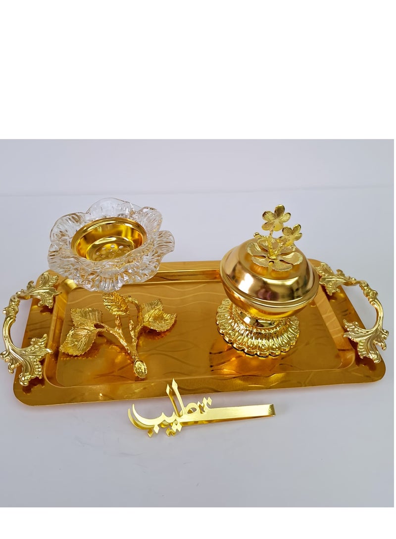 Set of Golden Glass Premium Incense Burner with Oud Tong Gold