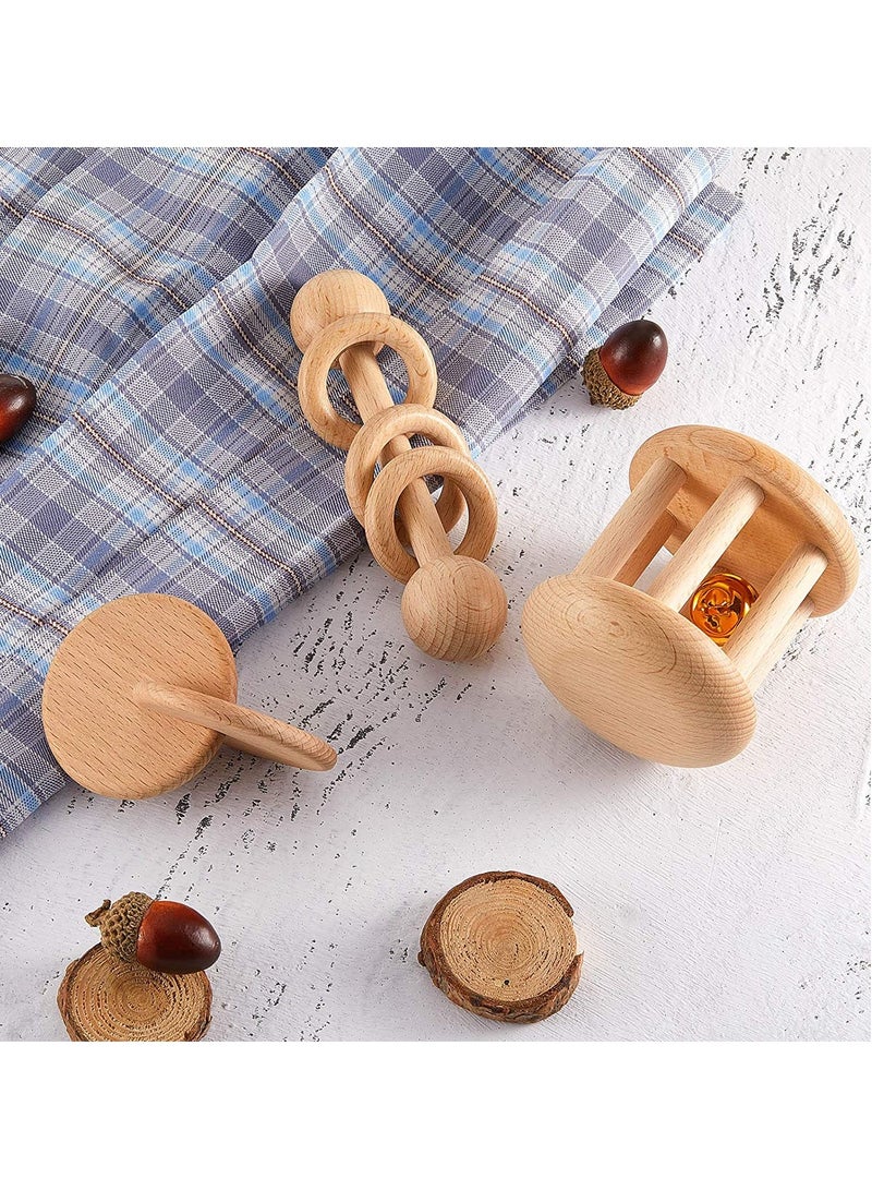 Wooden Toys, Rattle Wood Bells Rattles Beech Interlocking Discs Toys Teether Kid for Boys and Girls 3 Pieces