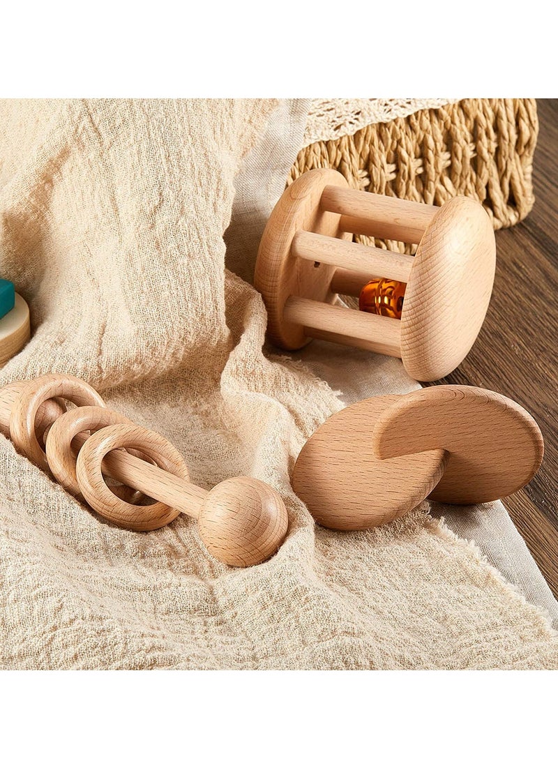 Wooden Toys, Rattle Wood Bells Rattles Beech Interlocking Discs Toys Teether Kid for Boys and Girls 3 Pieces