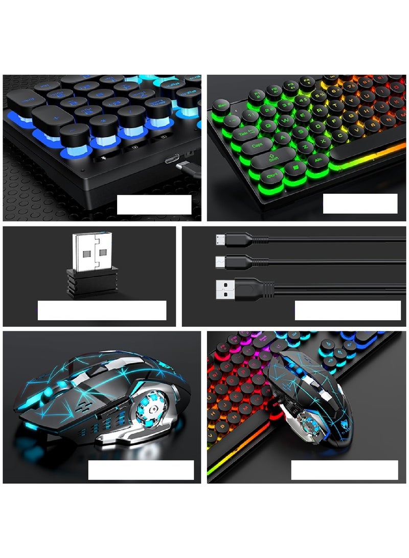 104 Key Wired Keyboard Mouse Combo Cool Rainbow Color Backlight Retro Punk Style Suspended Keycaps For Office Pc Gaming