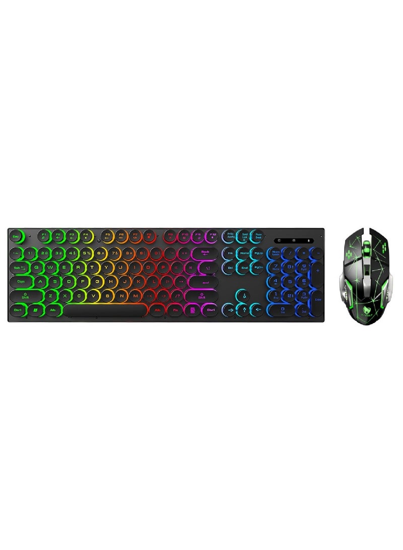 104 Key Wired Keyboard Mouse Combo Cool Rainbow Color Backlight Retro Punk Style Suspended Keycaps For Office Pc Gaming