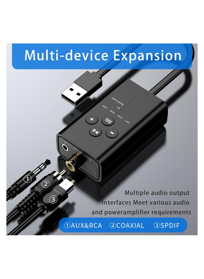 Digital Audio Converter, Bluetooth 5.2 Transmitter for TV, APT X Low Latency Multiple Interfaces Wireless Audio Adapter, for Two Headphones (AUX/RCA/Optical/Coaxial Audio Inputs), Plug and Play