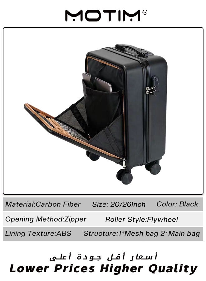 Travel Luggage Carry-On Luggage With Front Open Laptop Compartment Pocket Aluminum Framed Suitcase With Spinner Wheels Large Capacity Checked-in Luggage