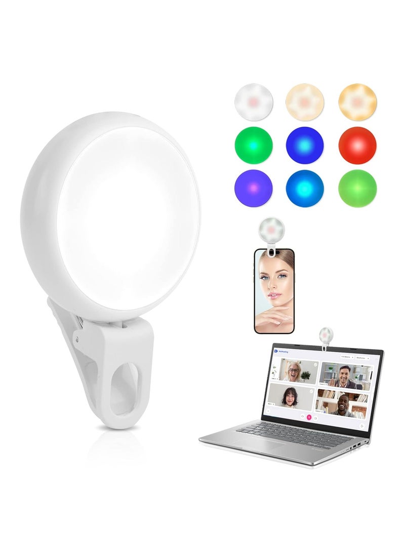 Selfie Clip on Ring Ligh, Rechargeable Selfie Ring Light, with 3 Light Modes and 7 Colorful Lighting, 360° Adjustable Selfie Fill Light Cell Phone Selfie Lights for Laptop, Tablet, Video, Camer