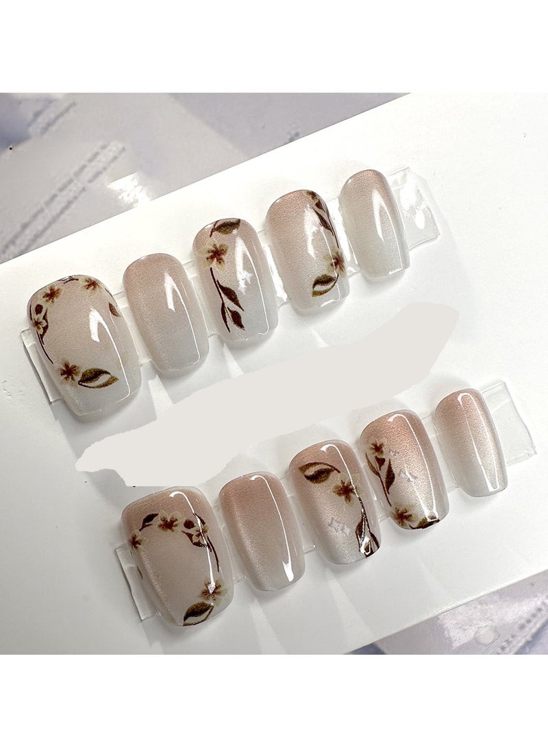 Beige Floral Handmade Wearable Nail with Toolkit